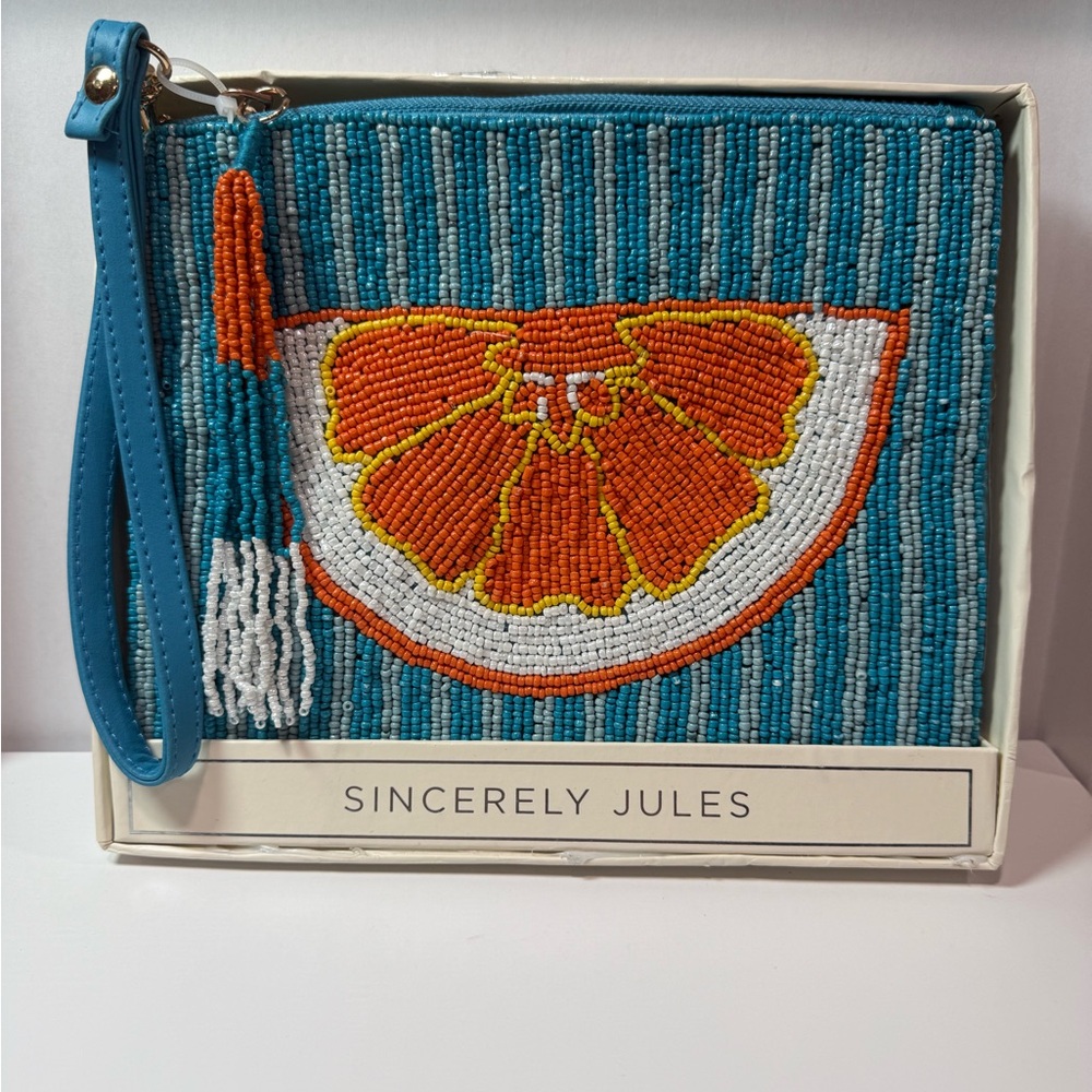 Sincerely Jules Beaded Orange Slice Wristlet Clutch Turquoise Summer Bag NIB